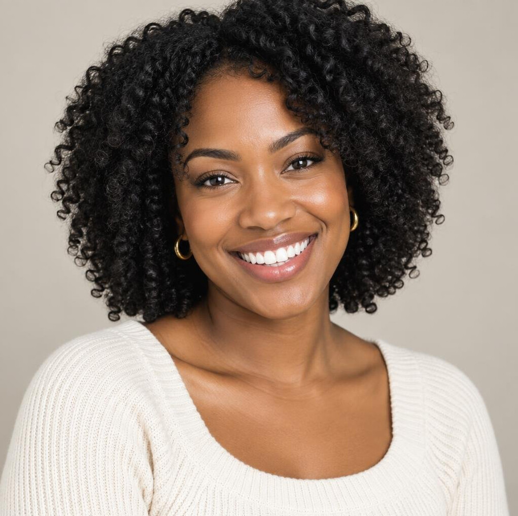 Portrait of a smiling woman with dark curly hair