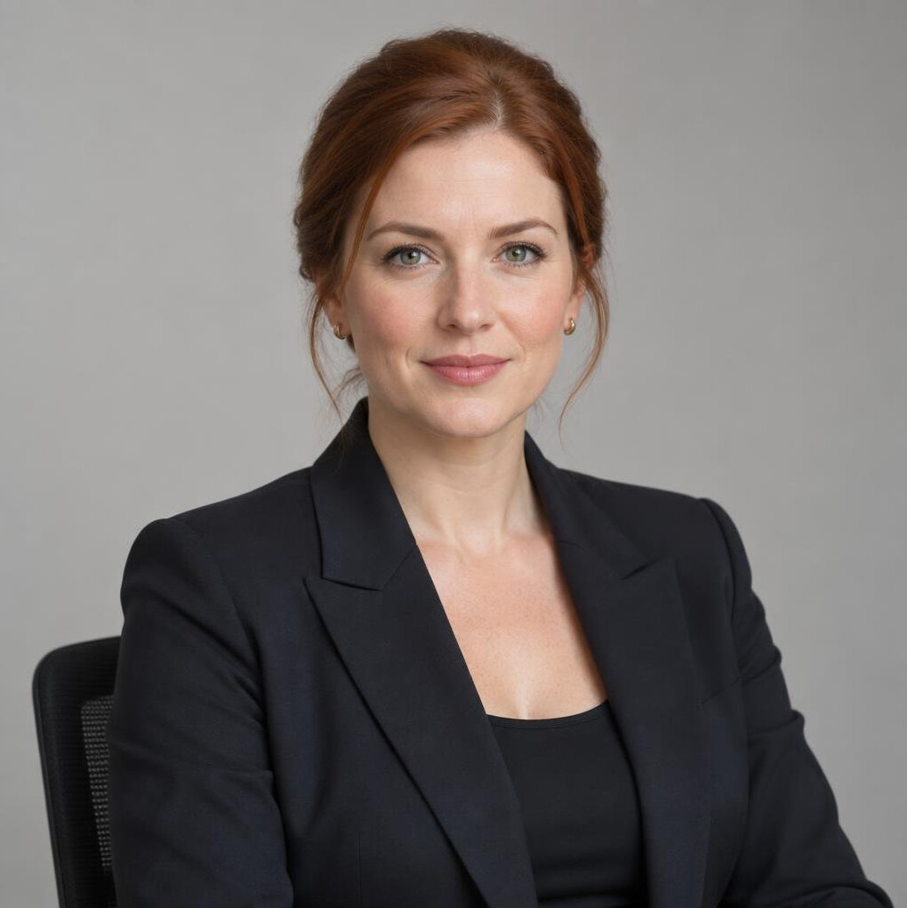 Portrait of a professional woman with a ponytail in a dark blazer