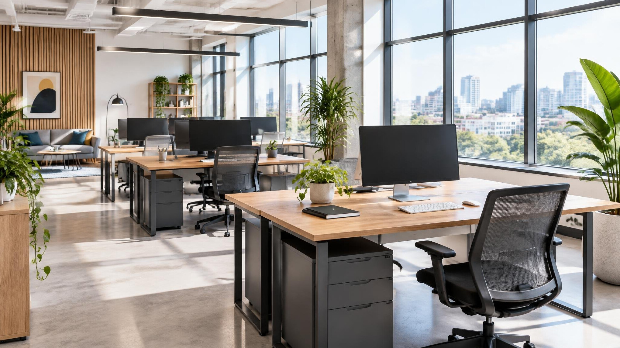Bright modern office interior with desks and large windows