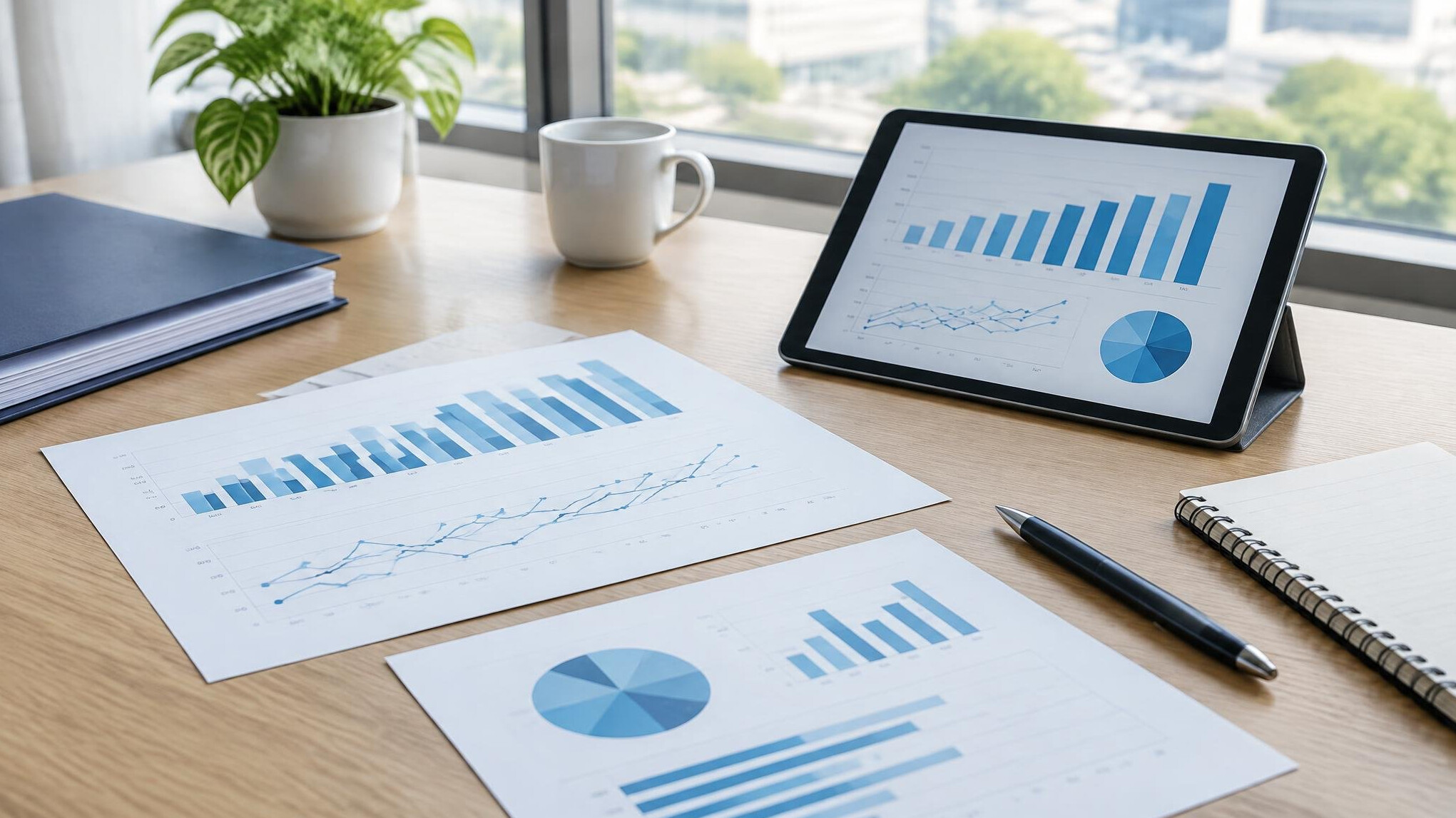 Desk with printed charts, tablet and documents for analysis